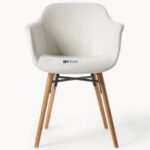 Upholstered Dining Arm Chair with Wooden Legs (Ivory White) - Image 3