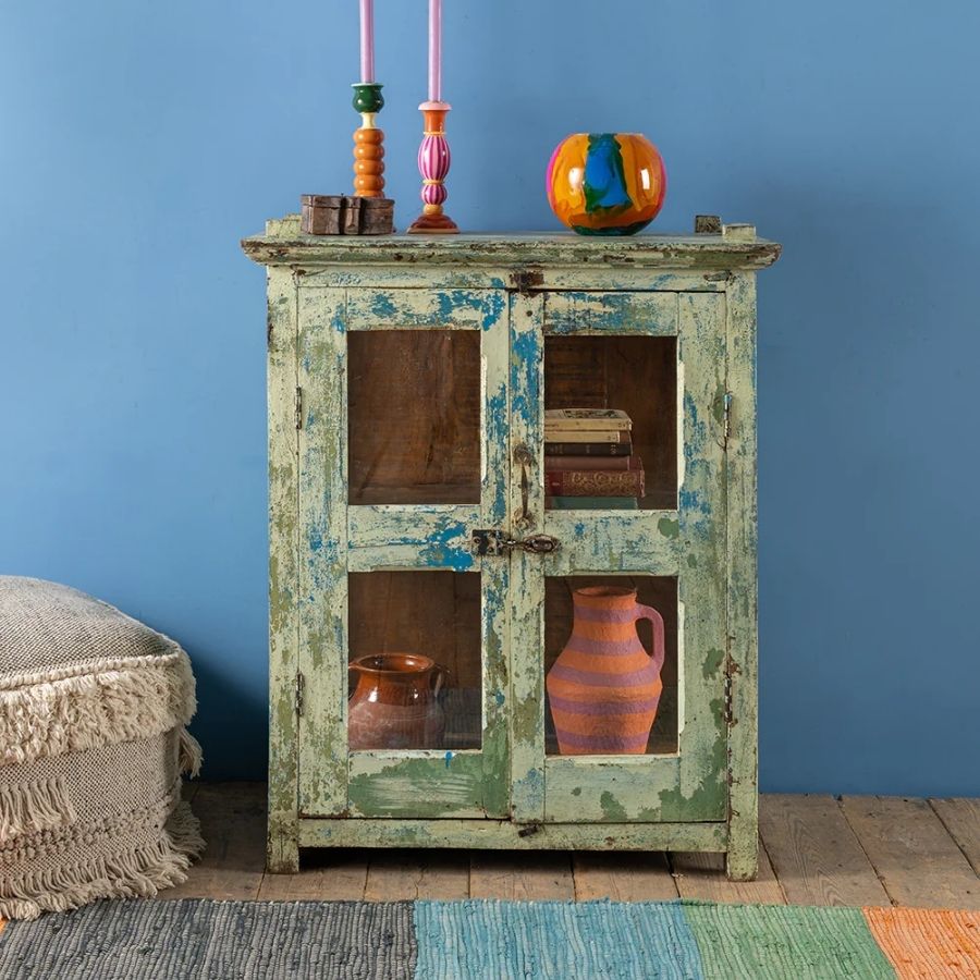 108 Vintage Blue & White Wooden Display Cabinet with Glass Panels - Image 1