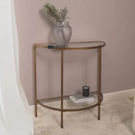 Modern Metal & Glass Console Table with Shelf (Antique Gold Finish)