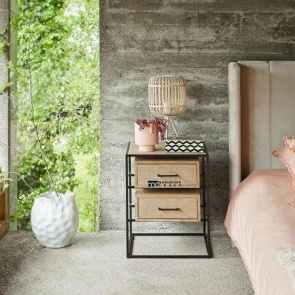 Marudhar Craft Modern Bohemian Black Wood & Natural Cane 2-Drawer Nightstand