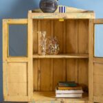 Vintage Pale Yellow Wooden Cabinet with Glass Doors - Image 2