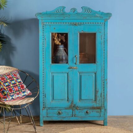 Vintage Blue Wooden Glazed Almirah with Drawers