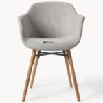 Upholstered Dining Arm Chair with Wooden Legs (Soft White) - Image 4