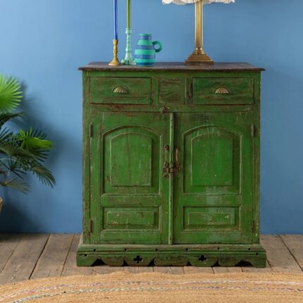 Green Vintage Wooden Cupboard with Drawers & Natural Wood Top