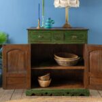 Green Vintage Wooden Cupboard with Drawers & Natural Wood Top - Image 3