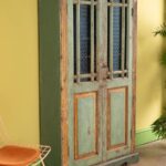 Vintage Green Art Deco Wooden Almirah with Embossed Glass - Image 6