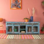 Vintage Blue Wooden Low Sideboard with Hand-Painted Panel