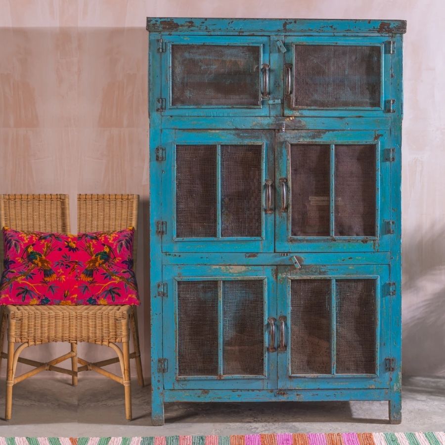 118 Blue Vintage Wooden Cupboard with Mesh Doors - Image 1