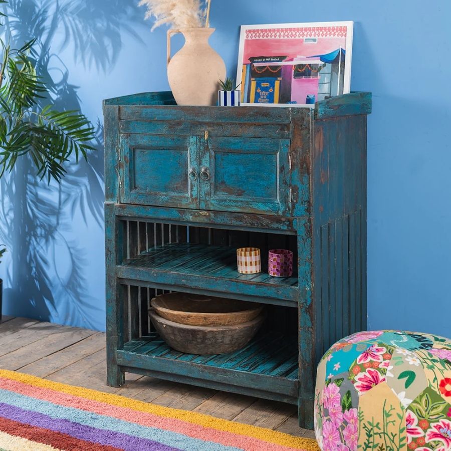 119 Vintage Blue Wooden Cupboard with Open Shelves - Image 1