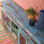 Vintage Blue Wooden Low Sideboard with Hand-Painted Panel - Image 4