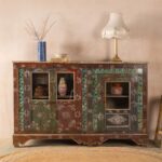 Carved & Painted Vintage Wooden Sideboard with Decorative Tiles