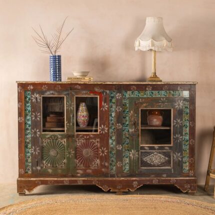 Carved & Painted Vintage Wooden Sideboard with Decorative Tiles