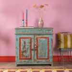Vintage Blue & Red Wooden Cupboard – Distressed Storage Cabinet with Shelves