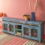 Vintage Blue Wooden Low Sideboard with Hand-Painted Panel - Image 5