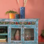 Vintage Blue Wooden Low Sideboard with Hand-Painted Panel - Image 6