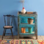 Vintage Light Blue Wooden Side Cabinet with Glass Panels
