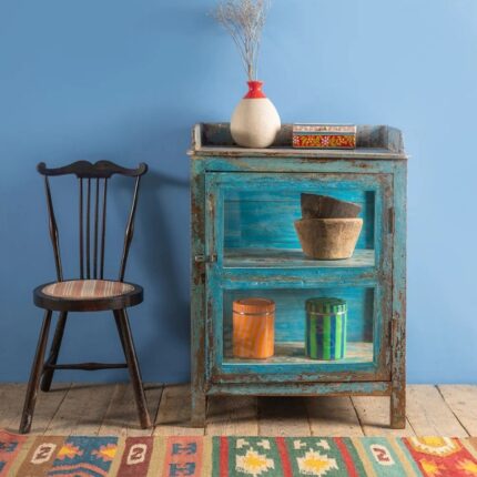 Vintage Light Blue Wooden Side Cabinet with Glass Panels