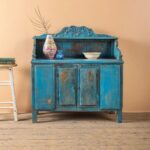Vintage Light Blue Wooden Cupboard with Shaped Top & Carved Details