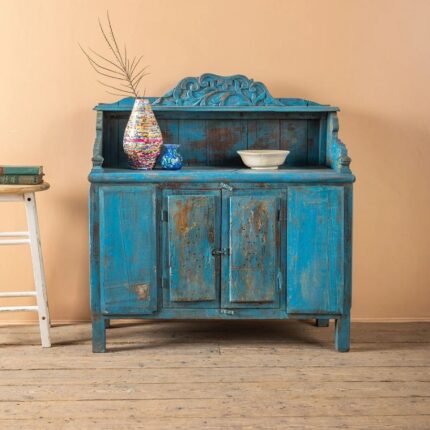 Vintage Light Blue Wooden Cupboard with Shaped Top & Carved Details