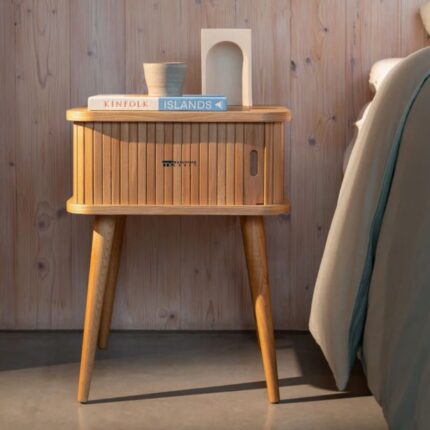 Marudhar Craft Scandi-Modern Tambour Walnut Bedside Table