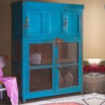 Blue Wooden Vintage Storage Cupboard with Mesh Panels