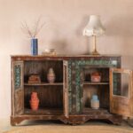 Carved & Painted Vintage Wooden Sideboard with Decorative Tiles - Image 3