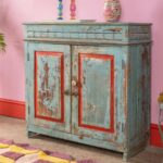 Vintage Blue & Red Wooden Cupboard – Distressed Storage Cabinet with Shelves - Image 3