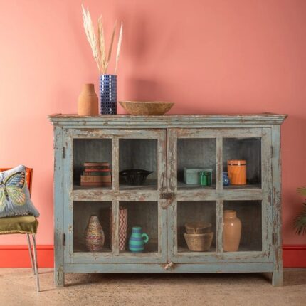 Slate Grey Vintage Wooden & Metal Sideboard with Glazed Doors
