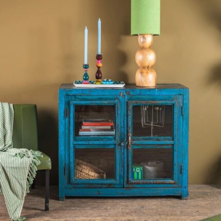 Vintage Blue Wooden & Metal Cabinet with Glass Doors
