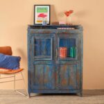 Vintage Blue Wooden Display Cabinet with Glass Panels