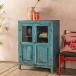 Light Blue Vintage Wooden Cabinet with Glass Doors & Natural Wood Top