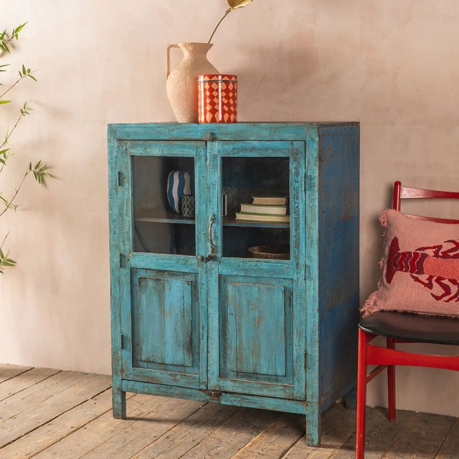 137 Light Blue Vintage Wooden Cabinet with Glass Doors & Natural Wood Top - Image 1