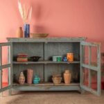Slate Grey Vintage Wooden & Metal Sideboard with Glazed Doors - Image 2