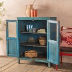 Light Blue Vintage Wooden Cabinet with Glass Doors & Natural Wood Top - Image 3