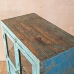 Light Blue Vintage Wooden Cabinet with Glass Doors & Natural Wood Top - Image 4