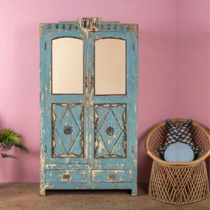 Vintage Light Blue Carved Wooden Almirah with Mirrors
