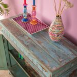 Vintage Blue & Red Wooden Cupboard – Distressed Storage Cabinet with Shelves - Image 4