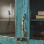 Light Blue Vintage Wooden Cabinet with Glass Doors & Natural Wood Top - Image 5