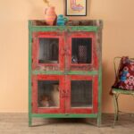 Red & Green Vintage Wooden Cabinet with Glass Doors