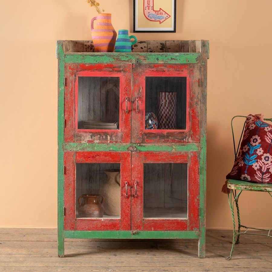 140 Red & Green Vintage Wooden Cabinet with Glass Doors - Image 1