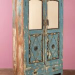 Vintage Light Blue Carved Wooden Almirah with Mirrors - Image 4