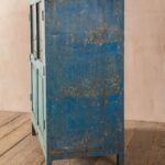 Light Blue Vintage Wooden Cabinet with Glass Doors & Natural Wood Top - Image 2