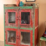 Red & Green Vintage Wooden Cabinet with Glass Doors - Image 2