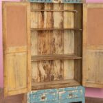 Vintage Light Blue Carved Wooden Almirah with Mirrors - Image 5