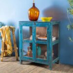 Blue Vintage Wooden Display Cabinet with Glass Panels