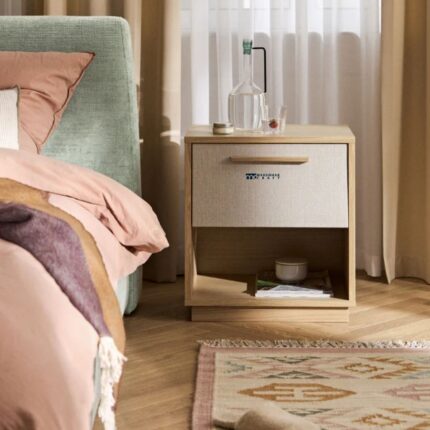 Nordic Light Oak Nightstand with Fabric Inlay