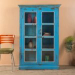 Blue Vintage Wooden Glazed Display Cabinet with Glass Doors