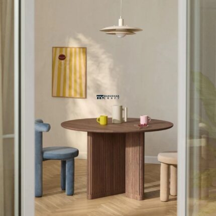 Round Wooden Dining Table with Fluted Pedestal Base