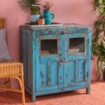 Blue Vintage Glazed Wooden Cabinet with Shelves