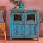 Blue Vintage Glazed Wooden Cabinet with Shelves - Image 3